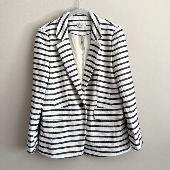 Loft Knit Blazer Jacket Womens Size 8 White Navy Striped Office Business Classic - Picture 1 of 11